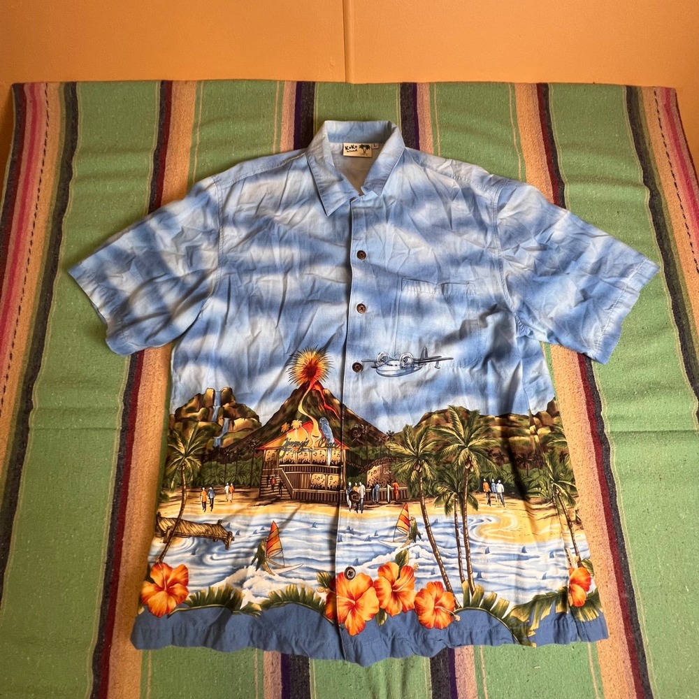 Koko Island Hawaiian Shirt Mens Large Blue Tropical Volcano Seaplane Made in USA - Picture 1 of 12